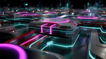 Intricate neon circuit board featuring vibrant glowing elements and colorful lights, representing technology and innovation concepts for modern designs.の素材
