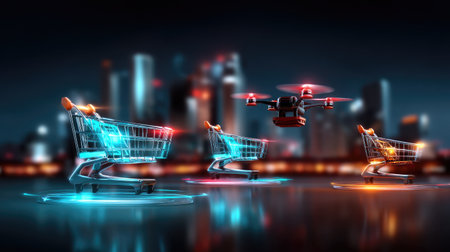This image captures a cutting-edge shopping scene featuring a drone hovering over illuminated shopping carts against a vibrant urban backdrop.の素材