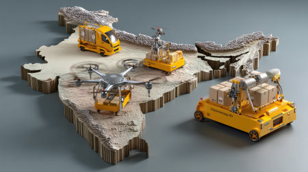 This image showcases innovative logistics solutions in India with drones and automated vehicles operating on a 3D map, symbolizing modernization and efficiency.の素材