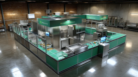 This image showcases a modern commercial kitchen designed for efficiency, featuring organized food preparation stations and stainless steel equipment.の素材