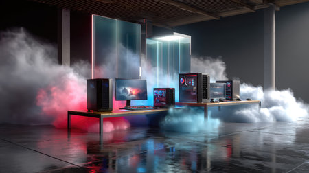 This image showcases a futuristic gaming setup featuring multiple sleek computers and monitors, surrounded by colorful fog and dramatic lighting, creating an immersive digital atmosphere.の素材