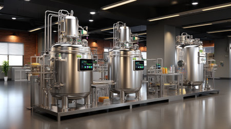 This image showcases state-of-the-art industrial processing equipment designed for modern manufacturing facilities. Featuring sleek stainless steel tanks, the setup emphasizes efficiency and innovation in production processes.の素材