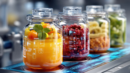Captivating arrangement of colorful glass jars filled with fresh vegetables and fruits on a sleek kitchen countertop, showcasing healthy ingredients and modern aesthetics.の素材