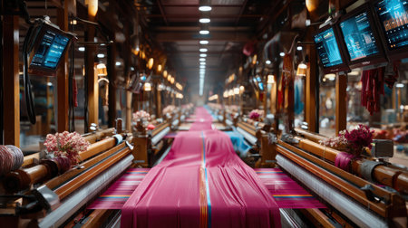 Discover the vibrant world of fabric production in a modern textile factory, showcasing advanced weaving technology and colorful materials that highlight craftsmanship.の素材