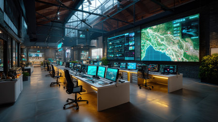 A modern control room featuring multiple monitors and interactive displays. This high-tech workspace highlights advanced technology in a sleek industrial setting, perfect for operations and data analysis.の素材