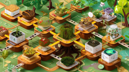 This vibrant digital artwork illustrates a garden layout with diverse plants and trees, highlighting various growing techniques. The design emphasizes sustainability and innovation in agriculture.の素材