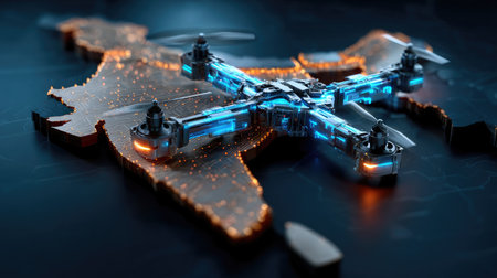 A visually striking image featuring a high-tech drone positioned over a detailed map of India, showcasing futuristic data connections and vibrant digital elements.の素材