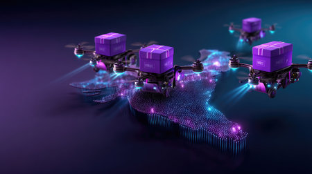 This image features delivery drones navigating over a vibrant, futuristic city map. Bright lights illuminate the scene as packages hover, symbolizing innovation in logistics.の素材