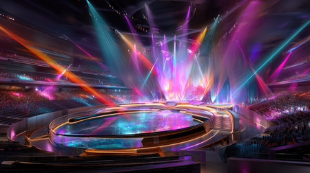 This striking image showcases a modern stage design for an exciting live concert, featuring vibrant lights and a reflective pool, creating a captivating atmosphere.の素材