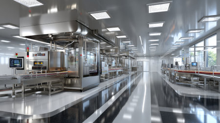 A spacious and modern industrial food processing facility showcasing advanced equipment and a clean environment that promotes efficiency and safety.の素材