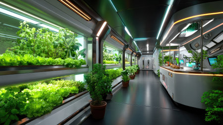 A futuristic indoor hydroponic farm featuring vibrant greenery and sophisticated technology. This space promotes sustainable agriculture and healthy food growth.の素材
