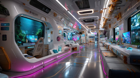 A captivating futuristic interior showcasing a high-tech spacecraft designed for comfort and efficiency. Neon accents illuminate the sleek workspace featuring advanced displays and serene underwater views.の素材