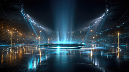 This captivating image showcases a modern sports arena illuminated with vibrant lights, creating a stunning atmosphere ideal for exciting events.の素材