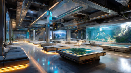 A spacious and modern art gallery featuring stunning aquariums, sleek furniture, and ambient lighting, combining futuristic design with natural elements.の素材