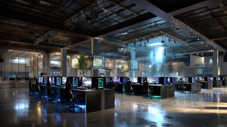 A modern gaming arena featuring high-tech gaming stations, dynamic ambient lighting, and a spacious interior designed for esports events and competitions.の素材