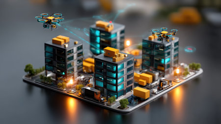 A detailed model of a futuristic city featuring modern buildings, drones, and vibrant urban elements. This image captures advanced technology in city planning, showcasing innovation and connectivity in a creative design.の素材