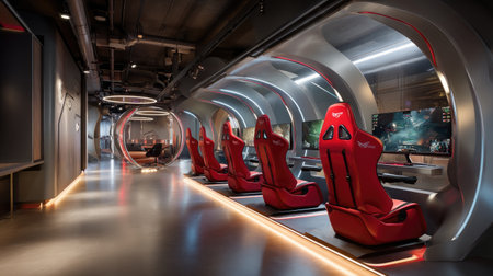 Experience the future of gaming in this sleek lounge designed with advanced technology, luxurious seating, and a vibrant environment that inspires creativity.の素材