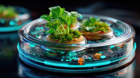 This captivating image features a futuristic hydroponic system with vibrant green plants, illuminated by LED lights, showcasing innovation in sustainable gardening.の素材
