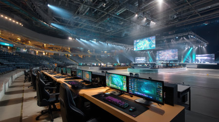A stunning view of a professional esports arena, featuring high-tech gaming stations, a dynamic stage, and an immersive atmosphere for live competitions.の素材
