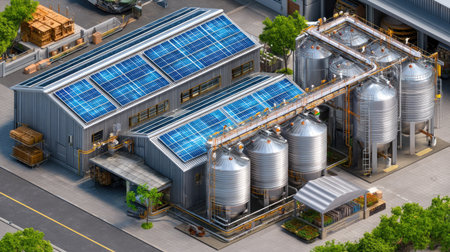 Aerial view of a modern industrial facility showcasing solar panels on the roof, with multiple metal silos adjacent to the building, emphasizing sustainability.の素材