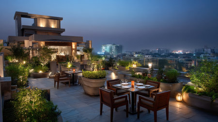 Experience the charm of an elegant rooftop restaurant that offers stunning city views at night, featuring cozy seating and warm ambient lighting.の素材