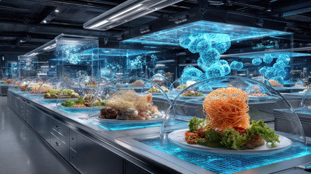 Explore a modern kitchen featuring a stunning display of gourmet dishes under high-tech glass domes, enhanced by holographic elements and futuristic design.の素材