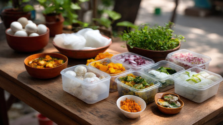 A beautiful display of fresh ingredients arranged on a wooden table, perfect for meal preparation, showcasing various vegetables, spices, and more.の素材