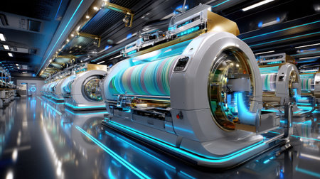 Explore a futuristic medical facility featuring advanced high-tech machinery with striking neon lighting. This innovative environment showcases the forefront of healthcare technology and diagnostics, reflecting a bold vision for the future of medicine and research.の素材