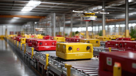 A modern warehouse showcases the integration of drones and robots managing inventory efficiently. The scene illustrates high-tech logistics and advanced automation processes enhancing productivity.の素材