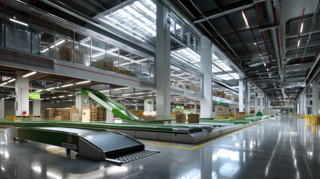 A spacious and modern warehouse interior showcasing automated conveyors, natural light, and organized storage spaces, ideal for logistics and operations.の素材
