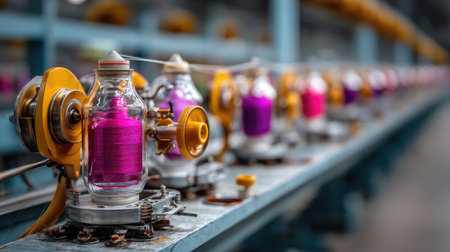 This image captures a vivid array of colorful spools of thread on a textile production line, highlighting the intricate machinery involved in the manufacturing process.の素材