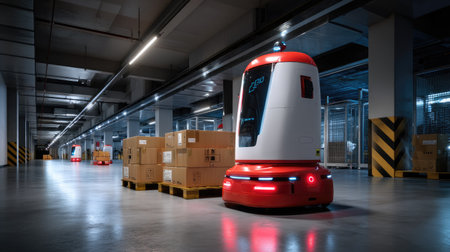 A sleek autonomous delivery robot operates in a modern warehouse environment, efficiently transporting cardboard boxes. Soft LED lighting highlights the innovative technology.の素材