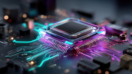 This striking image showcases a microprocessor placed on a circuit board, illuminated by vivid colors, highlighting the intricate connections and technology design.の素材