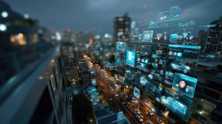 A captivating cityscape at dusk, showcasing a vibrant urban skyline filled with lights and advanced digital interfaces, highlighting technology integration.の素材