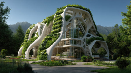 This striking architectural design showcases innovative construction techniques harmonized with nature. Surrounded by lush greenery, the structure integrates seamlessly with its landscape, encouraging sustainability and a vibrant outdoor lifestyle.の素材