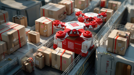 A detailed view of an advanced delivery drone hovering over neatly stacked packages in a modern warehouse setting, showcasing cutting-edge logistics technology.の素材