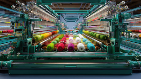 A vibrant array of threads and yarn spools are displayed on advanced textile machinery in a modern fabric manufacturing facility, showcasing the intricate craftsmanship involved.の素材