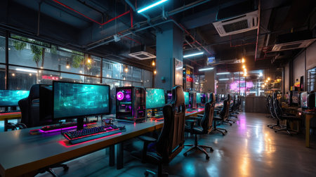 A vibrant gaming center featuring multiple high-tech gaming PCs, illuminating neon lights, and a contemporary urban design ideal for gamers and tech enthusiasts.の素材