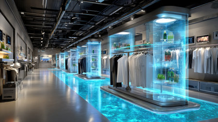 A modern retail space featuring futuristic designs and interactive displays, showcasing clothing and merchandise in an innovative shopping environment.の素材