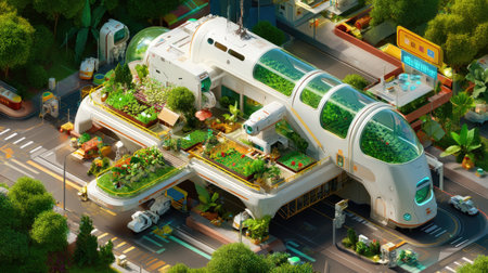 Explore a captivating futuristic urban landscape showcasing eco-friendly architecture, green spaces, and advanced technology interwoven with nature.の素材