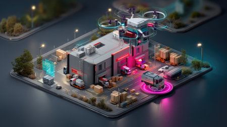 A vibrant, futuristic warehouse scene featuring drones and automated vehicles in an urban setting. Advanced technology enhances logistics and operations.の素材