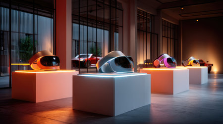This striking image captures futuristic helmets glowing under soft ambient light in a contemporary gallery, surrounded by luxury vehicles, showcasing innovation and design.の素材