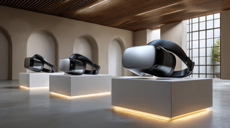 This image features three sleek virtual reality headsets elegantly displayed in a contemporary art gallery, illuminated by soft lighting, showcasing innovation and modern design.の素材