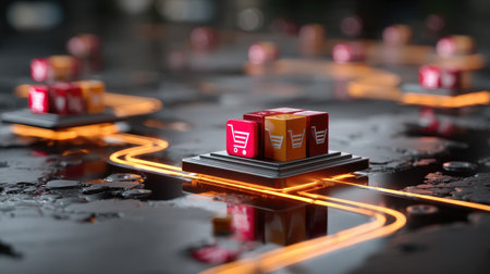 This image depicts a futuristic digital marketplace featuring colorful packages and shopping cart icons on an illuminated network platform, symbolizing online commerce.の素材