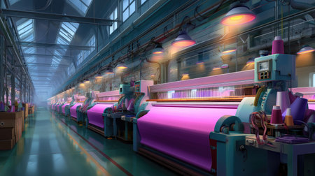 A vibrant textile manufacturing facility showcasing modern looms and an organized workspace, emphasizing creativity and innovation in production processes.の素材