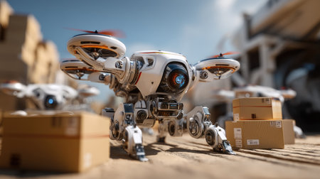 A cutting-edge robotic drone efficiently delivers packages in a dynamic logistics setting, showcasing the integration of technology in modern supply chains.の素材