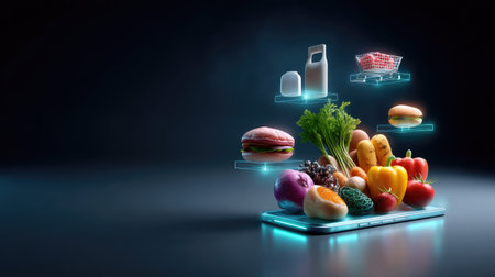 A modern digital grocery shopping illustration featuring fresh food items, vegetables, and beverages displayed on a smartphone screen in a sleek environment.の素材