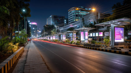 A captivating view of an urban city street at night, showcasing illuminated billboards and moving vehicles, creating dynamic light trails that enhance the vibrant city atmosphere.の素材