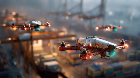 A stunning scene capturing drones flying over an industrial port at night, showcasing modern technology amongst shipping containers and cranes in action.の素材