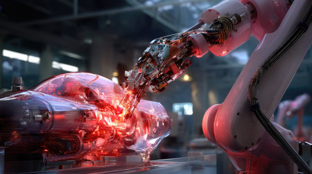 A robotic arm meticulously assembles a futuristic transparent vehicle, showcasing innovative technology and intricate mechanics in a high-tech workshop environment.の素材